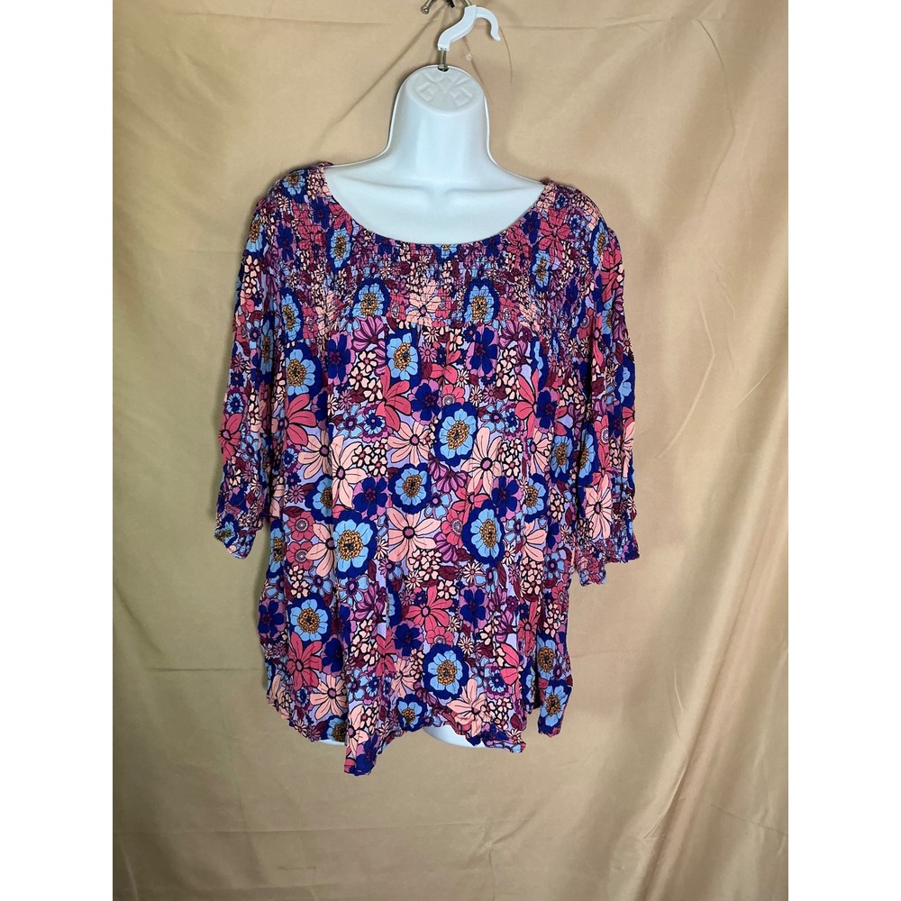 Terra & Sky Floral Blouse Womens 4X Purple Pink Excellent Smocked 3/4 Sleeve Top